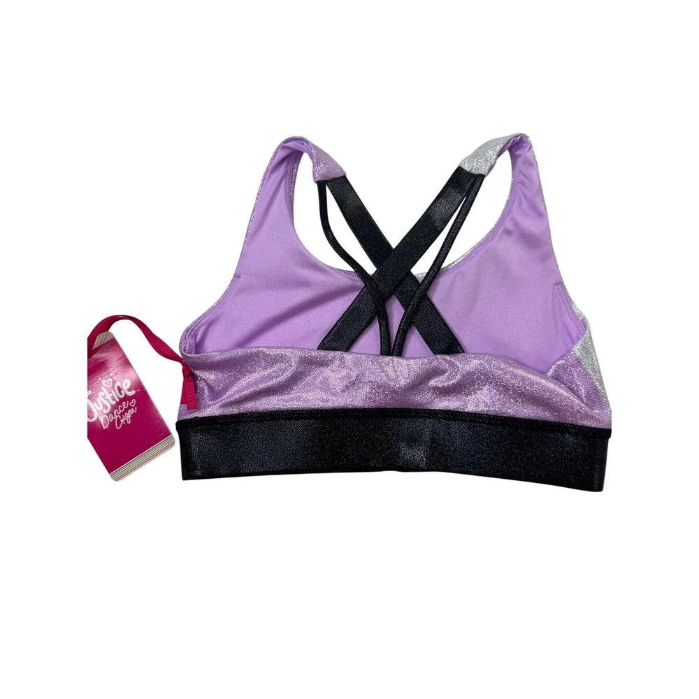 Justice Dance Gym Girls Iridescent Colorblock Sports Bra Purple Silver S 7/8 NWT